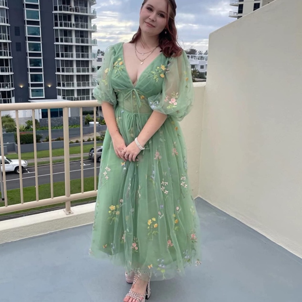 Women's Puffy Sleeve Prom Dresses Flower Embroidery Tulle - Picture 7 of 8